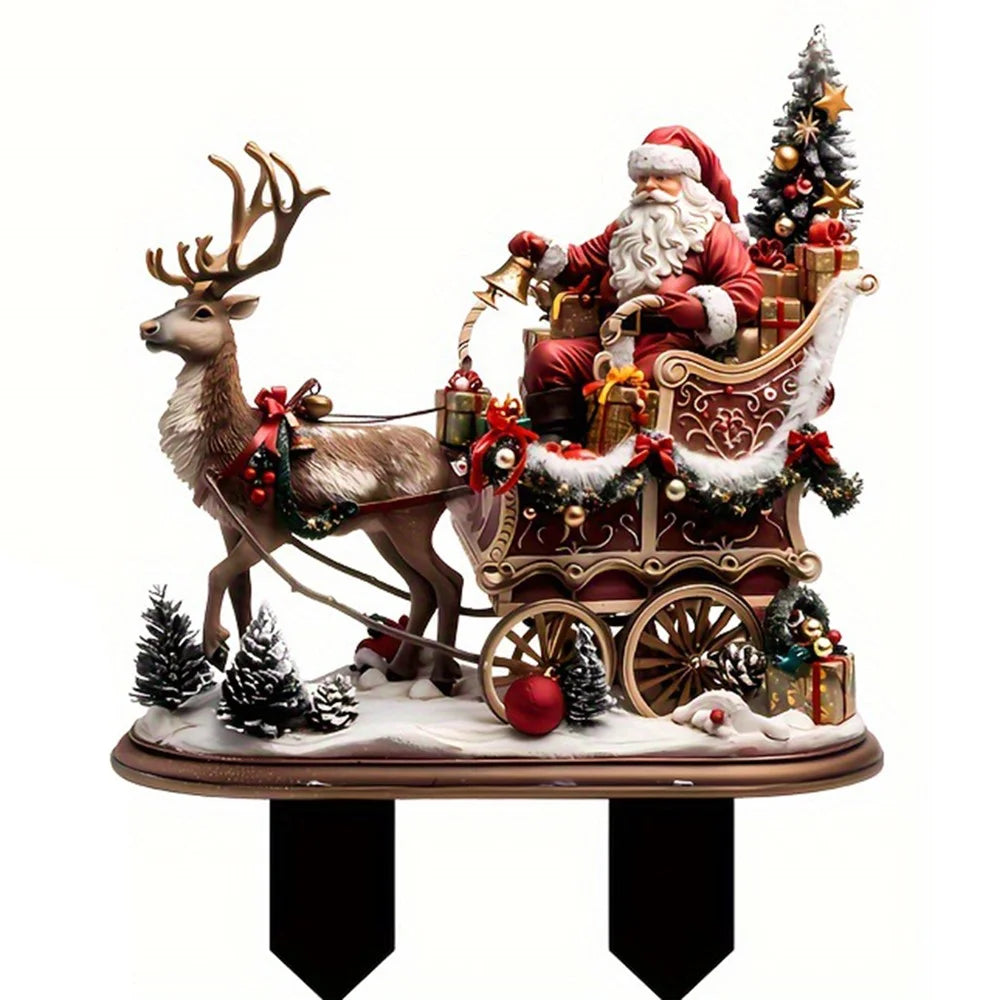 Bohemian Christmas Garden Stake Acrylic Santa and Sleigh Holiday Decor Potted Plants Ground Plugs - 1