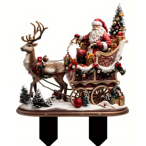 Bohemian Christmas Garden Stake Acrylic Santa and Sleigh Holiday Decor Potted Plants Ground Plugs - 1