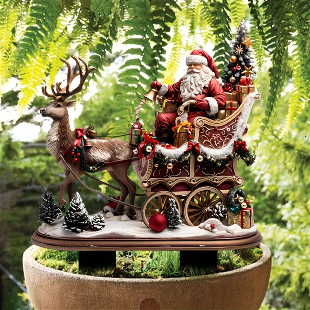 Bohemian Christmas Garden Stake Acrylic Santa and Sleigh Holiday Decor Potted Plants Ground Plugs - 3