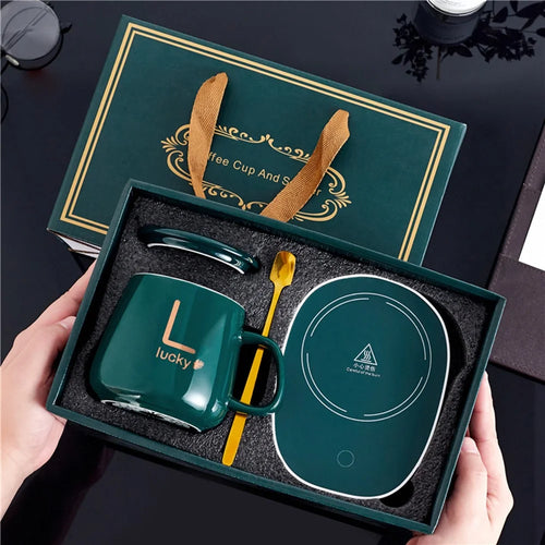 Smart Ceramic Coffee Mug Gift Set 55-Degree Constant Temperature Heating Coaster Warmer Milk Heater, USB Plug-in - Green - 1