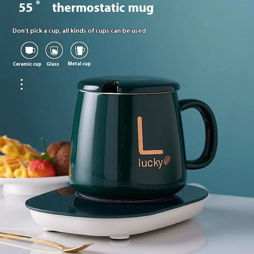 Smart Ceramic Coffee Mug Gift Set 55-Degree Constant Temperature Heating Coaster Warmer Milk Heater, USB Plug-in - Green - 2