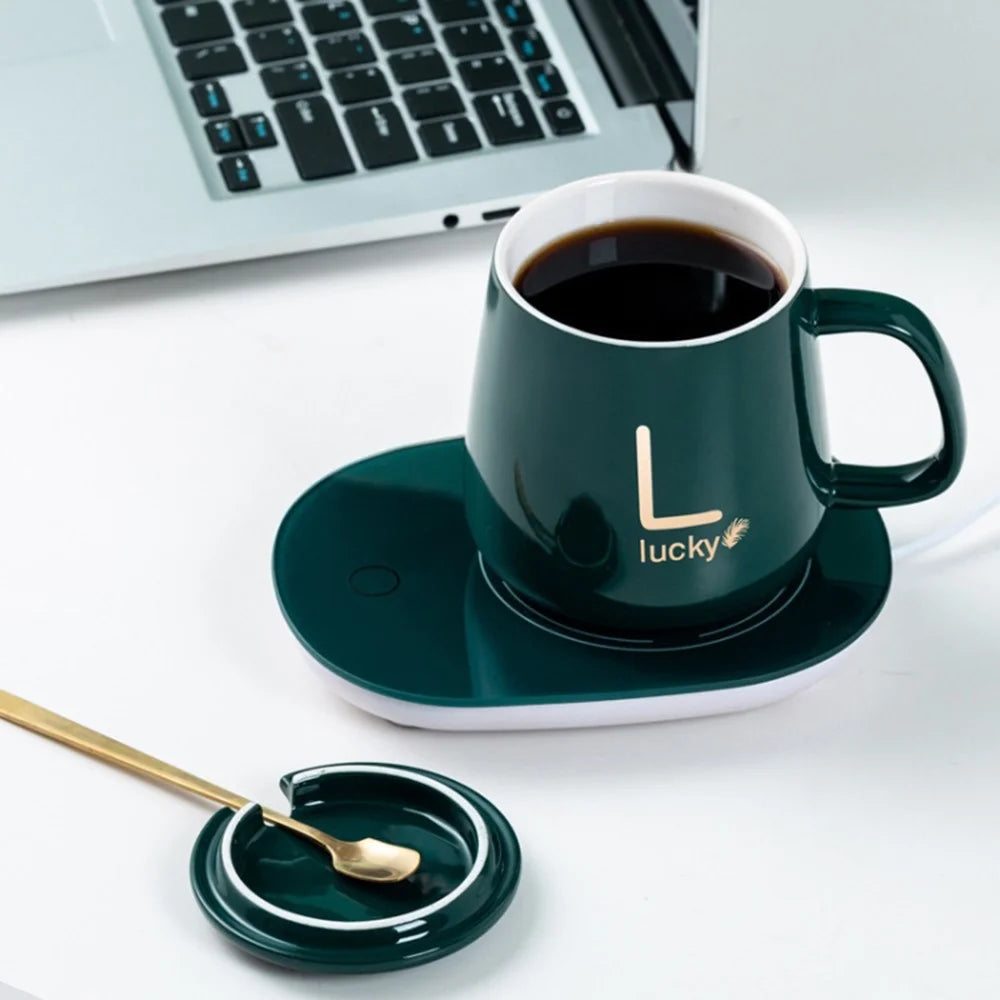 Smart Ceramic Coffee Mug Gift Set 55-Degree Constant Temperature Heating Coaster Warmer Milk Heater, USB Plug-in - Green - 5
