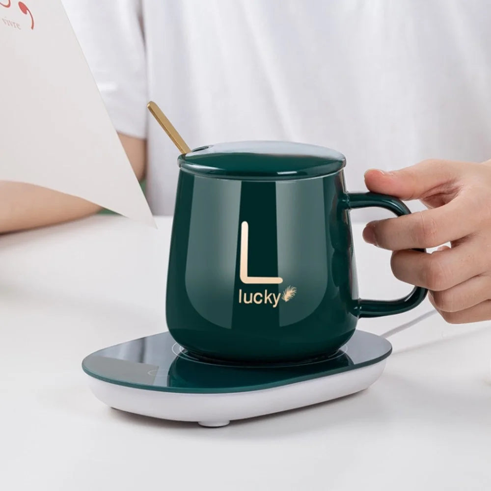 Smart Ceramic Coffee Mug Gift Set 55-Degree Constant Temperature Heating Coaster Warmer Milk Heater, USB Plug-in - Green - 6