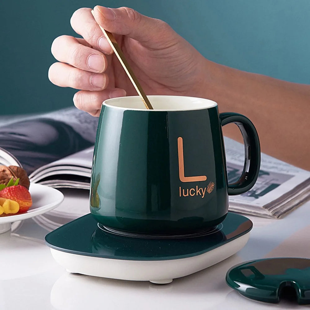 Smart Ceramic Coffee Mug Gift Set 55-Degree Constant Temperature Heating Coaster Warmer Milk Heater, USB Plug-in - Green - 7