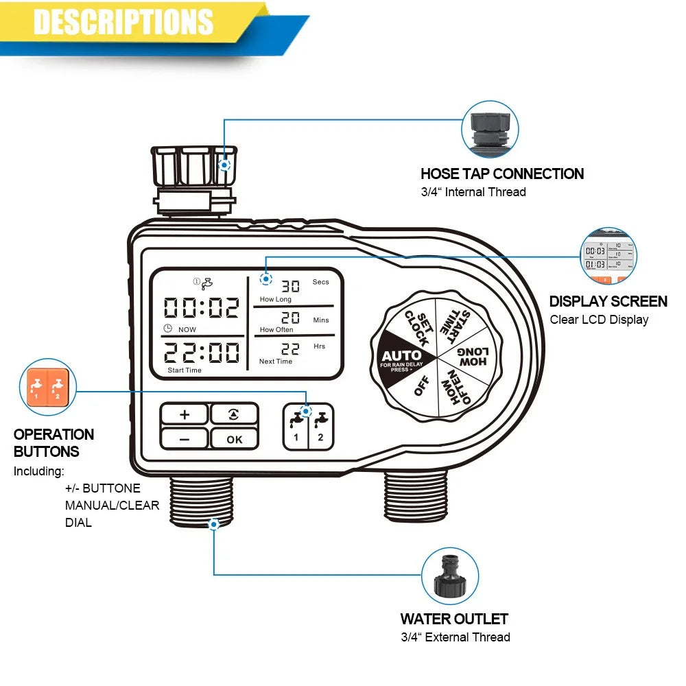 6812 Dual Channel Irrigation Timer Automatic Watering Controller, European Standard - 7