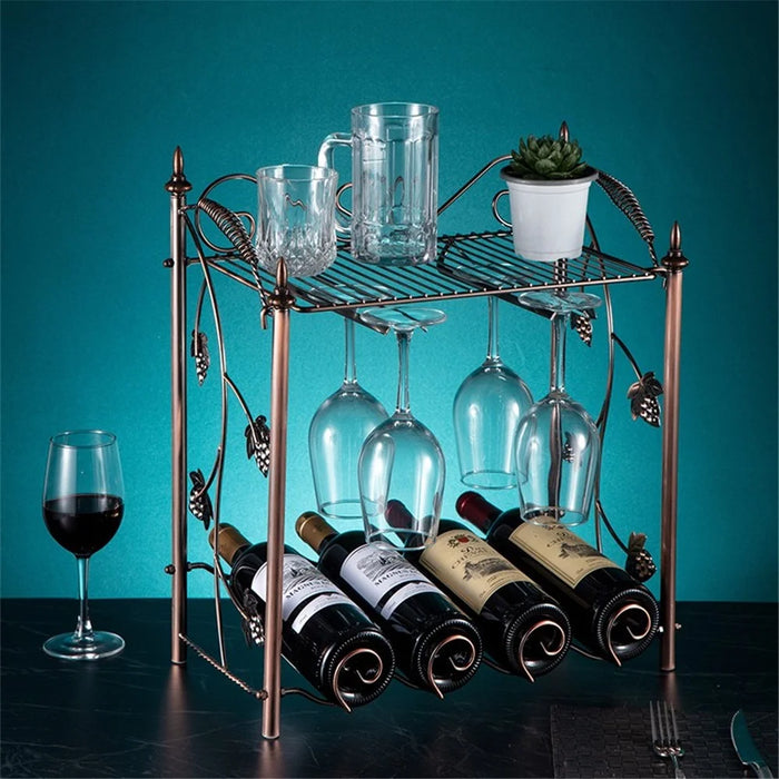 002A021 Tabletop Iron Wine Holder 2-Tiers Wine Storage Rack for 4 Bottles+4 Glasses - 2
