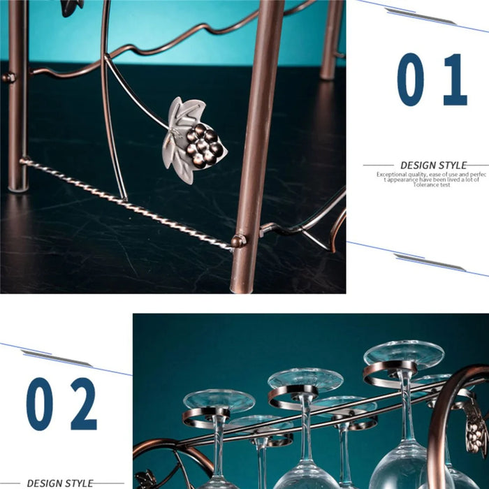 002A021 Tabletop Iron Wine Holder 2-Tiers Wine Storage Rack for 4 Bottles+4 Glasses - 3