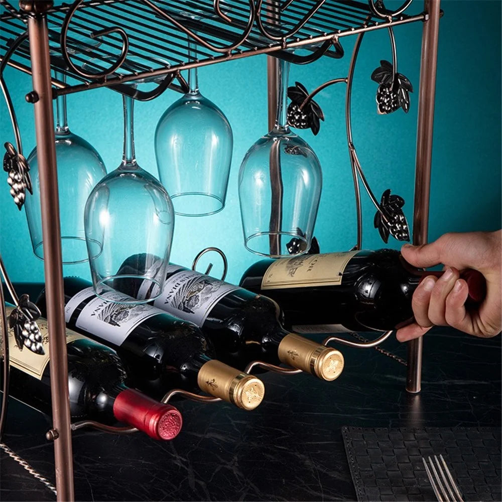 002A021 Tabletop Iron Wine Holder 2-Tiers Wine Storage Rack for 4 Bottles+4 Glasses - 5