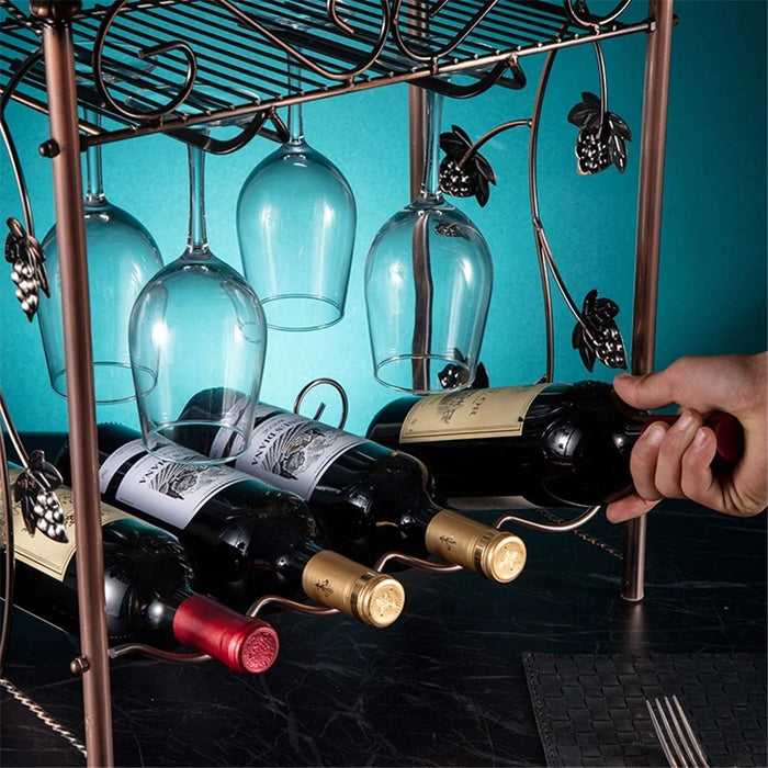 002A021 Tabletop Iron Wine Holder 2-Tiers Wine Storage Rack for 4 Bottles+4 Glasses - 5