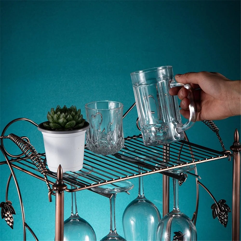 002A021 Tabletop Iron Wine Holder 2-Tiers Wine Storage Rack for 4 Bottles+4 Glasses - 7