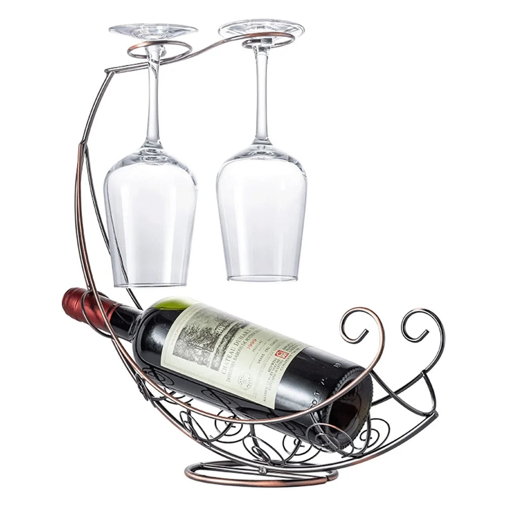 002A005 Creative Red Wine Iron Wire Display Rack Wine Bottle Dual Cup Holder - Bronze - 1