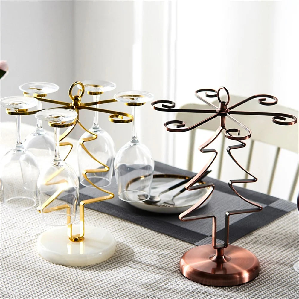 002C041 Christmas Tree Wine Glass Holder 6-Glass Countertop Standing Rack for Bar Kitchen Table Display - Gold - 7