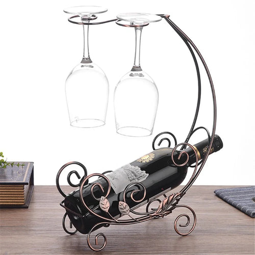 002A015 European Style 2 Glass Cup Hanger Stand Wine Bottle Iron Storage Rack for Home Decor - Bronze - 1