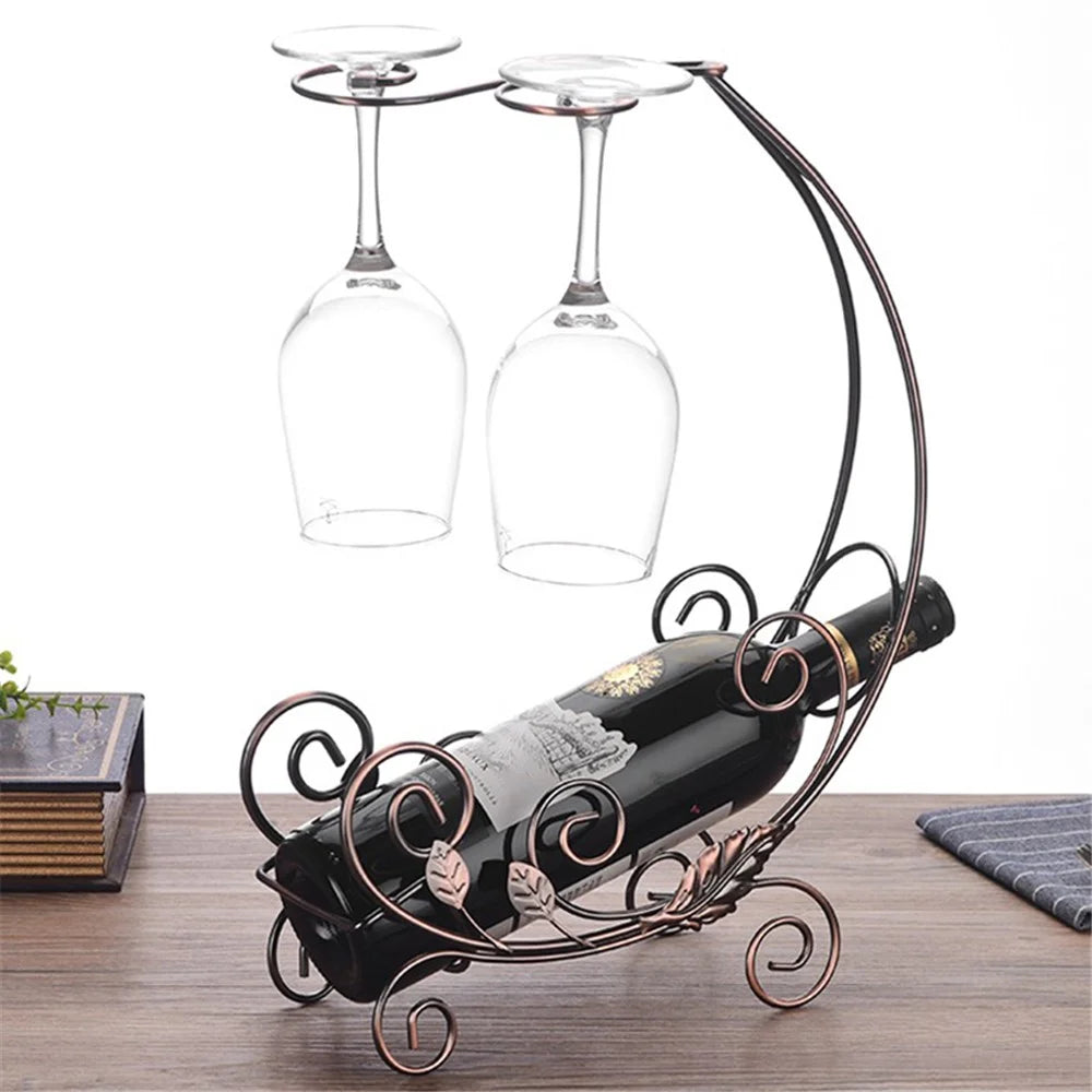 002A015 European Style 2 Glass Cup Hanger Stand Wine Bottle Iron Storage Rack for Home Decor - Bronze - 1