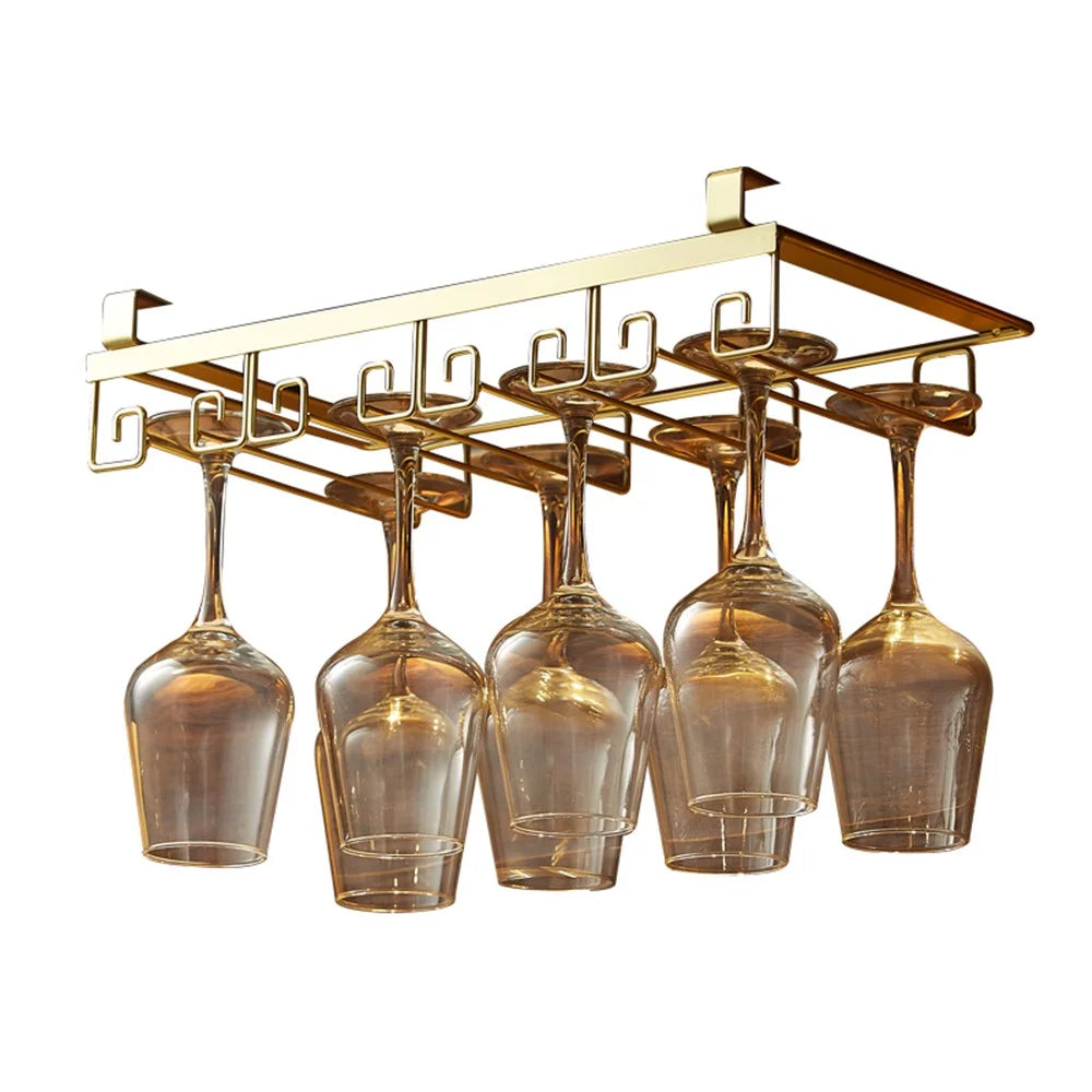 002C066-4 Punching-Free Glass Cup Rack Under Cabinet Stemware 8 Wine Glass Holder Hanger - Gold - 1