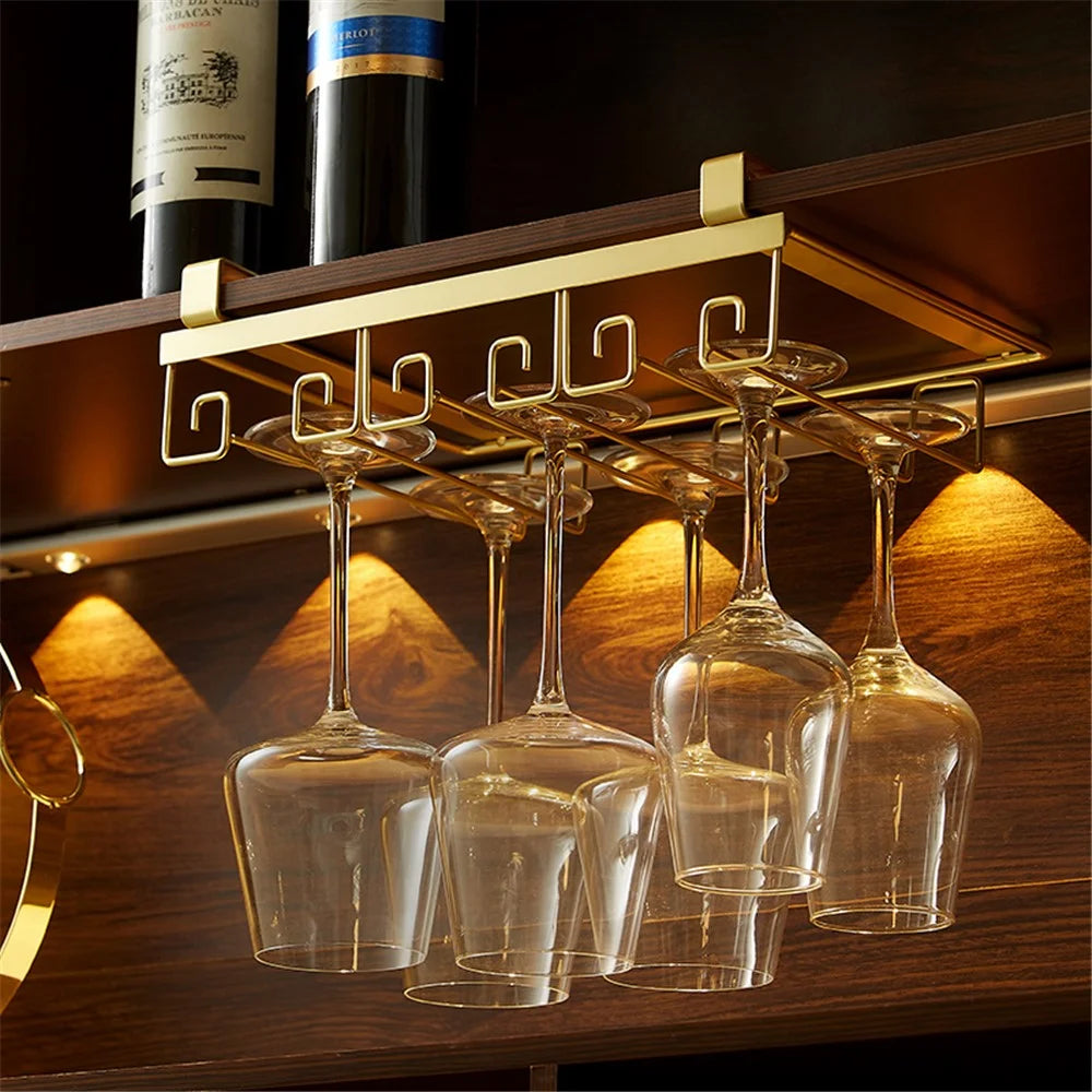002C066-4 Punching-Free Glass Cup Rack Under Cabinet Stemware 8 Wine Glass Holder Hanger - Gold - 3