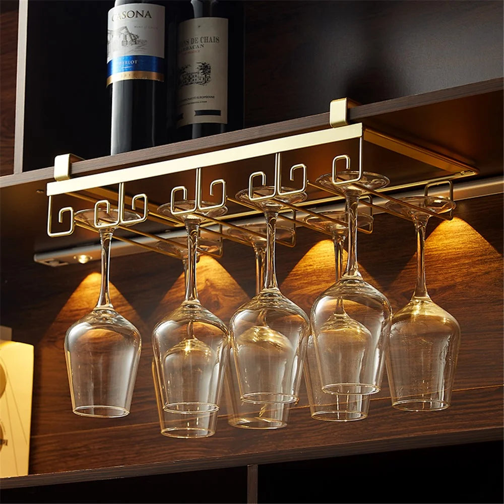 002C066-4 Punching-Free Glass Cup Rack Under Cabinet Stemware 8 Wine Glass Holder Hanger - Gold - 4