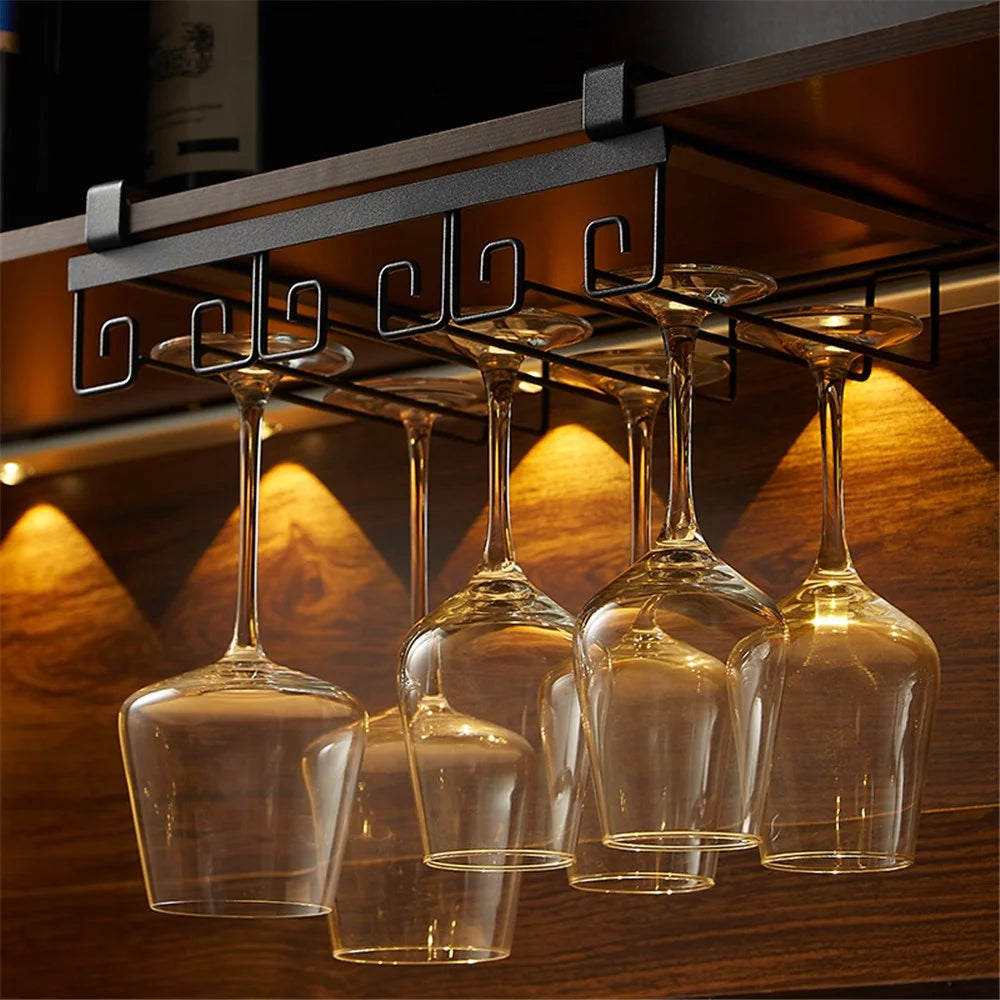 002C066-4 Punching-Free Glass Cup Rack Under Cabinet Stemware 8 Wine Glass Holder Hanger - Gold - 5