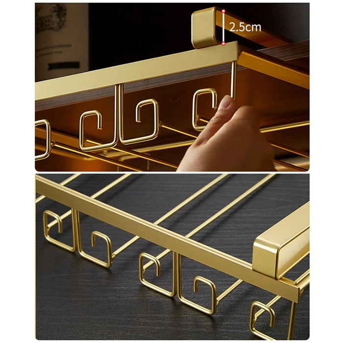 002C066 5 Slots 10 Cups Glass Metal Rack Under Cabinet Hanging Holder for Goblets Stemware - Gold - 5