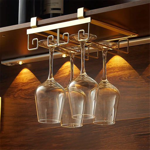 002C066-2 Punching-Free 4 Wine Glass Rack Under Cabinet Glass Cup Hanger Holder - Gold - 1