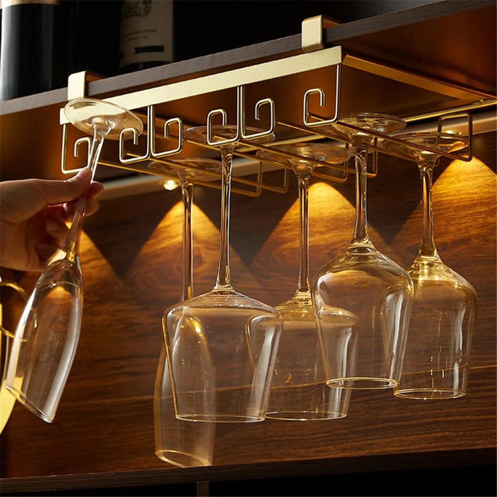 002C066-6 Wine Glass Holder Under Shelf or Cabinet Iron Glassware Drying Hanger for Kitchen Bar - Gold - 4