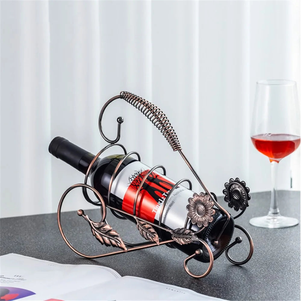 002B005 Single Bottle Wine Holder Iron Rack Sunflower Decor Wine Display Stand - Bronze - 2