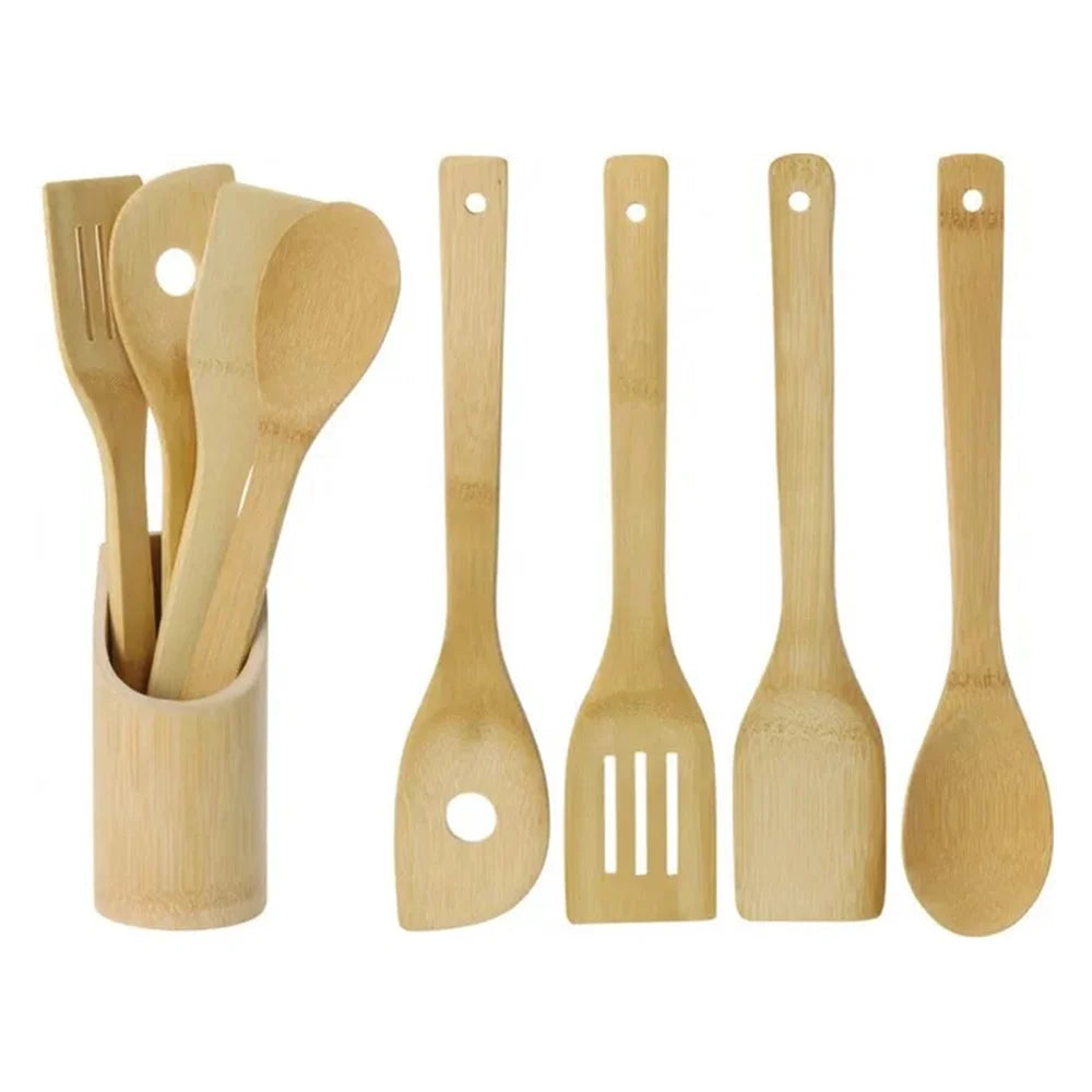 4Pcs Bamboo Cooking Utensil with Storage Container Kitchen Tools Set (BPA Free, No FDA) - 2