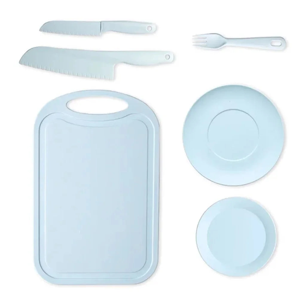 6Pcs / Set Children Chef Knife Cutting Board Plastic Plate Kitchen Utensils Set (BPA Free, No FDA) - Blue - 1