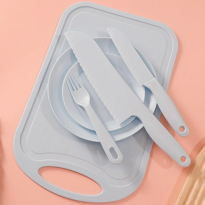 6Pcs / Set Children Chef Knife Cutting Board Plastic Plate Kitchen Utensils Set (BPA Free, No FDA) - Blue - 3