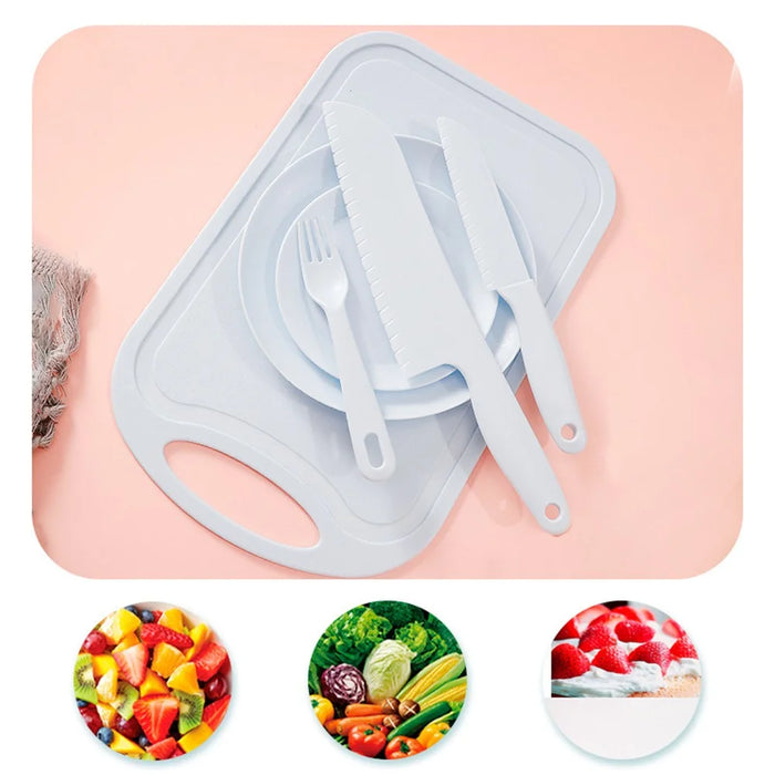 6Pcs / Set Children Chef Knife Cutting Board Plastic Plate Kitchen Utensils Set (BPA Free, No FDA) - Blue - 4