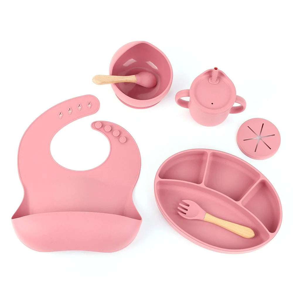 ZP0121 7Pcs Silicone Baby Feeding Set Toddler Self Feeding Dish Set (BPA Free / FDA Certificated) - Dark Red - 1