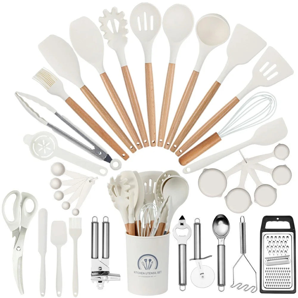 34Pcs / Set Heat Resistant Kitchen Utensils Silicone Spatula Ladle Cooking Tools Kit for Non-stick Pan (No FDA, BPA Free) - Beige - 1