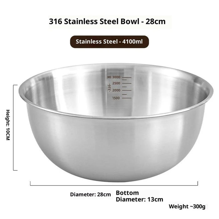 28cm Diameter Salad Bowl Stainless Steel 304 Mixing Bowl with Measurement Markings for Kitchen / Baking (No FDA) - 5