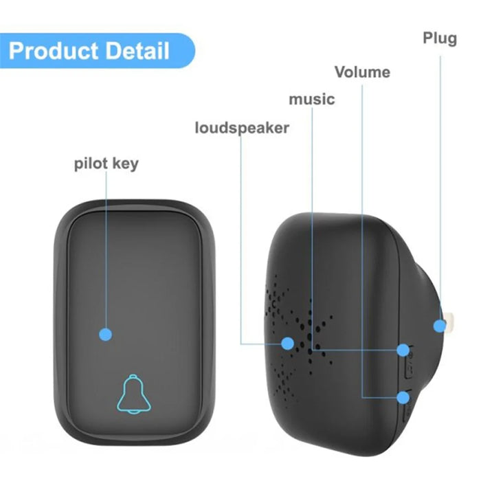TS-K111 Wireless Doorbell IP68 Waterproof Door Bell Chime Kit Alarm with 38 Melodies, 2 Door Bells and 1 Button - Black/US Plug - 5