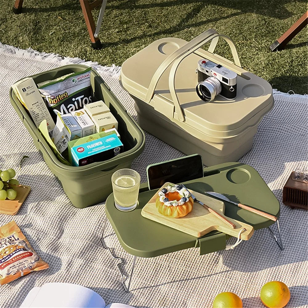 47x28.5x9.5CM Foldable PP Picnic Food Storage Basket Multifunction Organizer Box with Lid (BPA-free, No FDA) - Khaki - 2