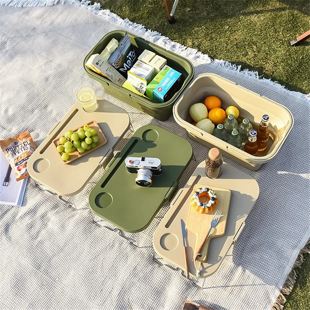 47x28.5x9.5CM Foldable PP Picnic Food Storage Basket Multifunction Organizer Box with Lid (BPA-free, No FDA) - Khaki - 3
