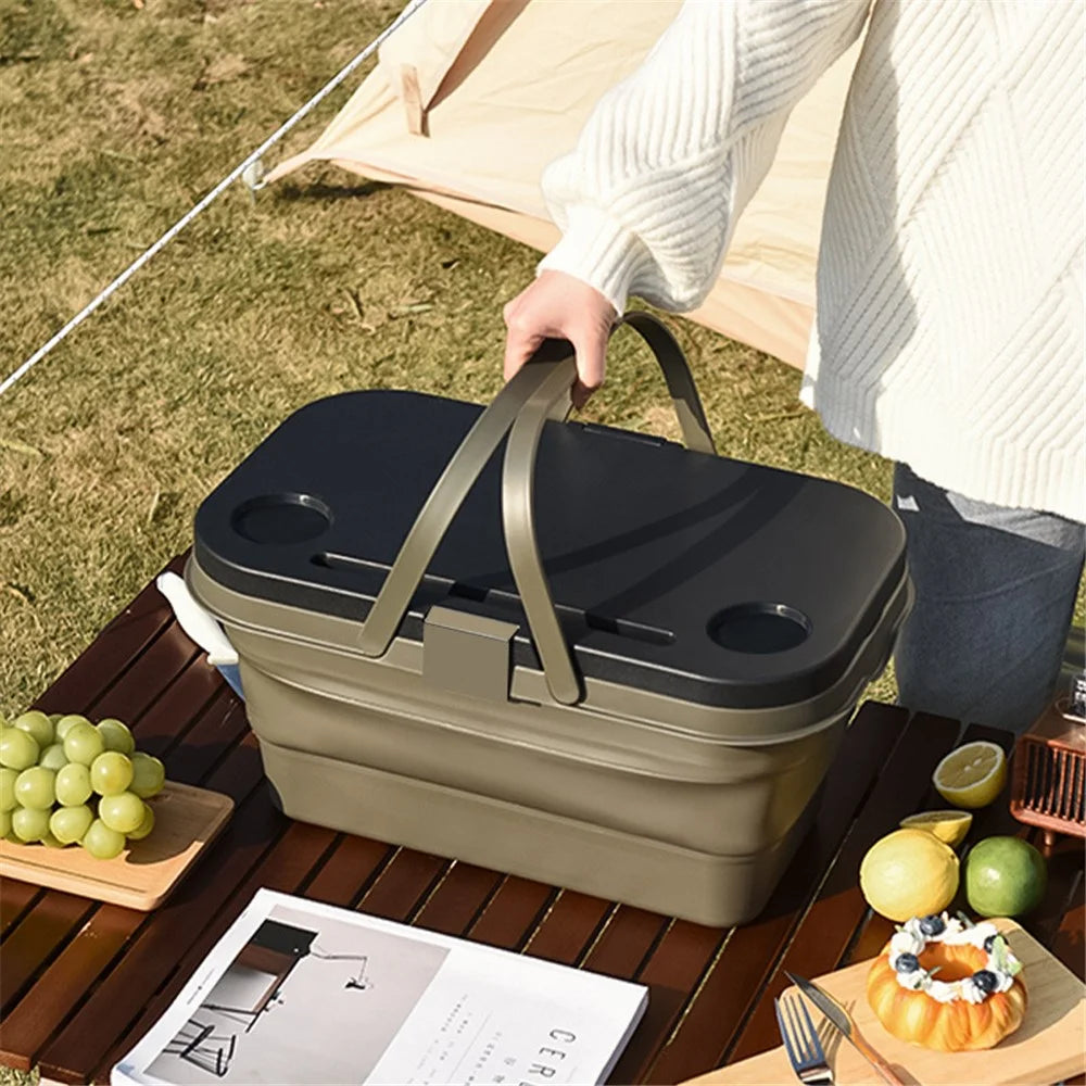 47x28.5x9.5CM Foldable PP Picnic Food Storage Basket Multifunction Organizer Box with Lid (BPA-free, No FDA) - Khaki - 4