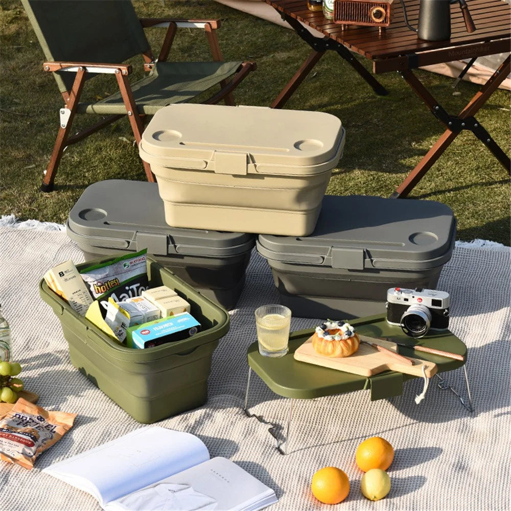 47x28.5x9.5CM Foldable PP Picnic Food Storage Basket Multifunction Organizer Box with Lid (BPA-free, No FDA) - Khaki - 5