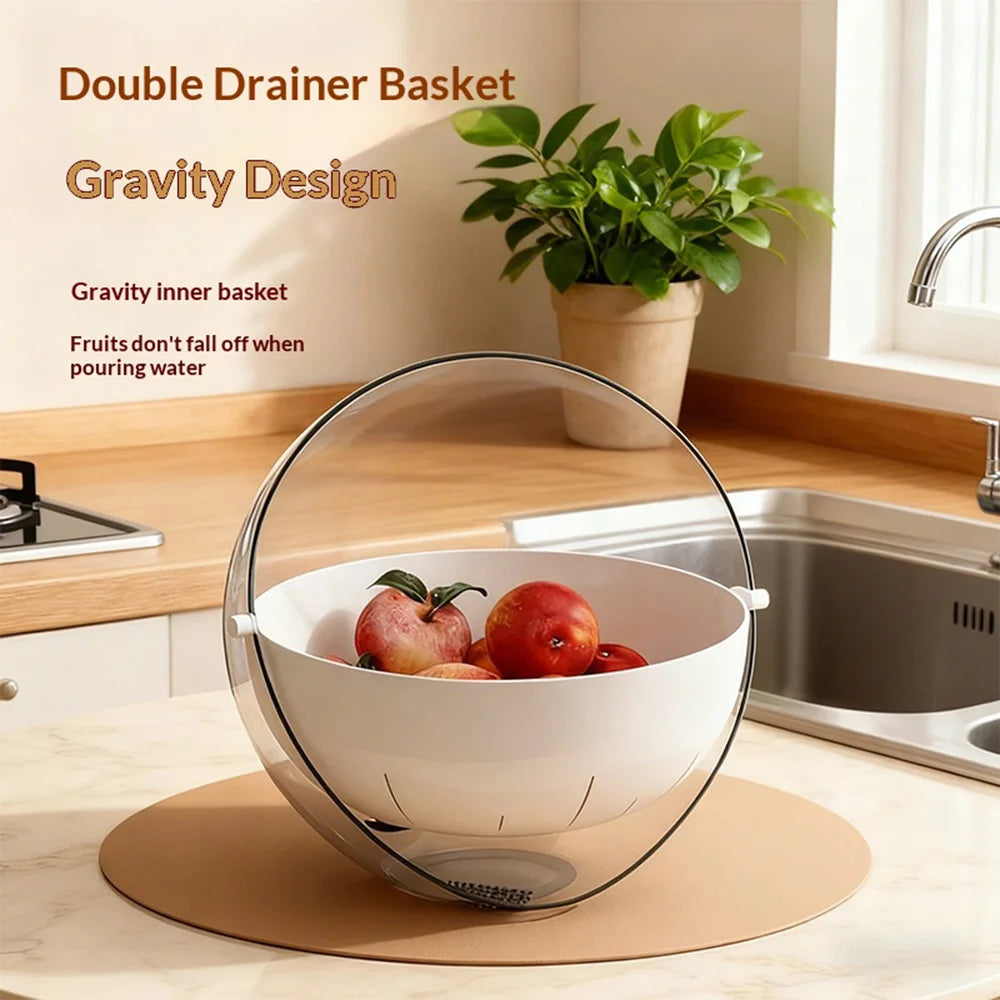 QY1233A Double Layer Drain Basket Plastic Kitchen Fruit Vegetable Washing Strainer (BPA Free, No FDA) - Transparent White - 2