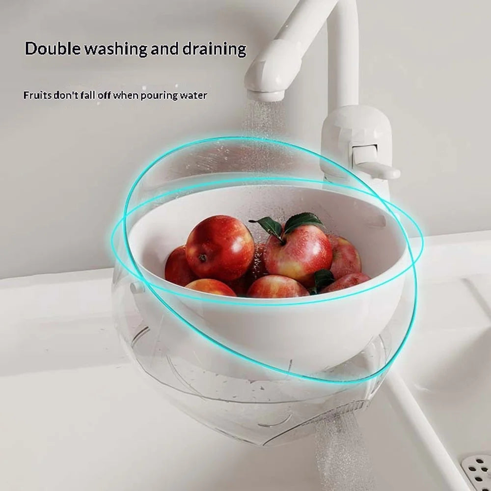 QY1233A Double Layer Drain Basket Plastic Kitchen Fruit Vegetable Washing Strainer (BPA Free, No FDA) - Transparent White - 3