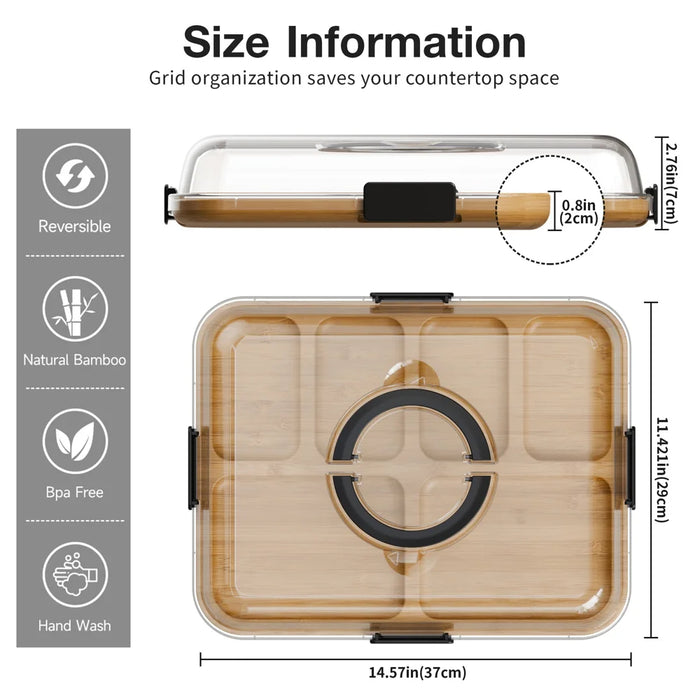 Multifunctional Fruit Tray with Lid 6 Compartments Bamboo Serving Platter for Outdoor Camping Picnic (BPA Free, No FDA) - Natural Color - 6