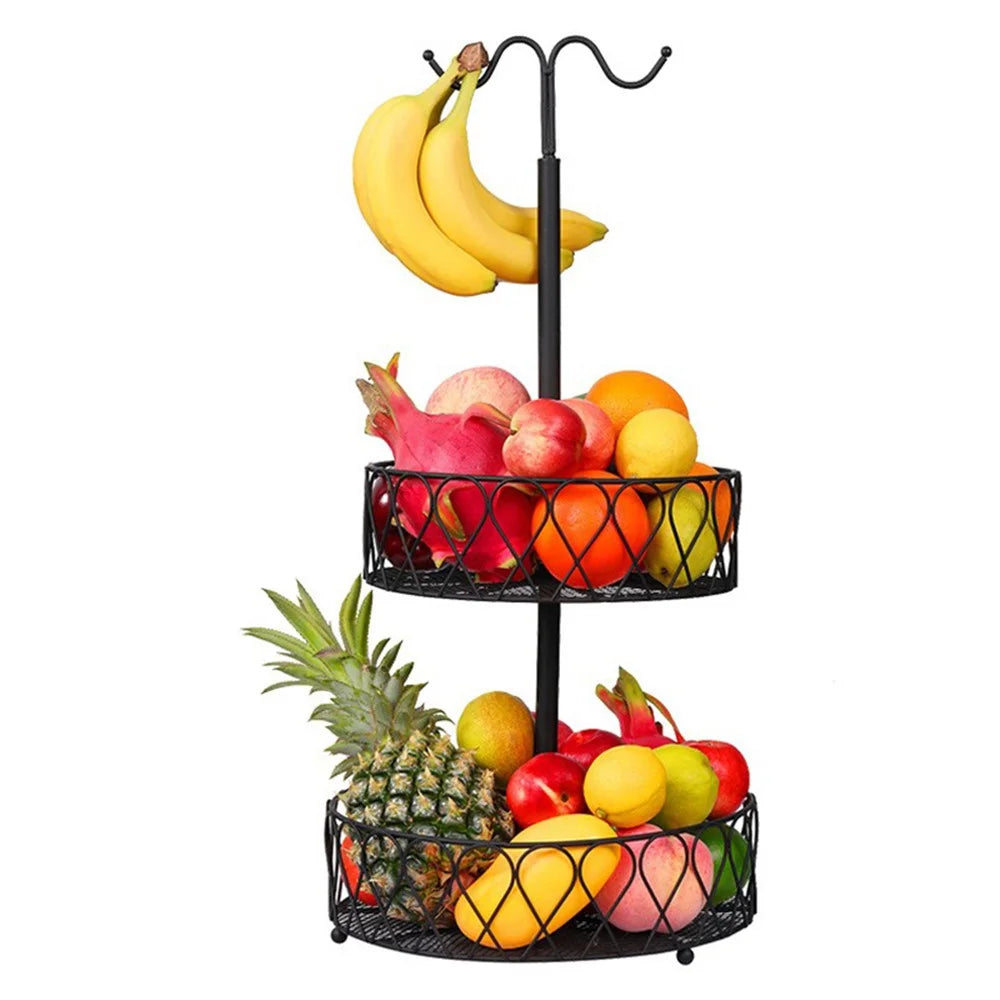 001-ZJG-LC02 Fruit Storage Rack Iron Basket Double-layer Snack Fruit Plate with Banana Hanging Rod (BPA-free, No FDA Certification) - 2