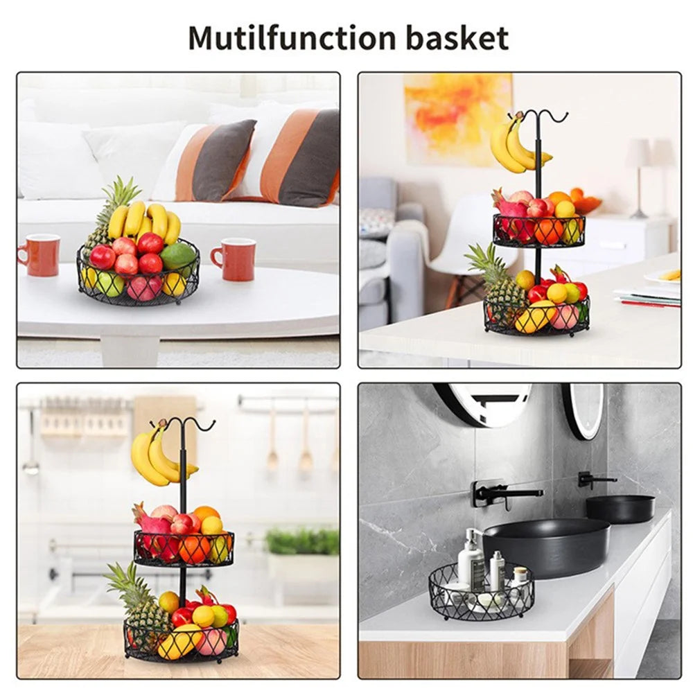 001-ZJG-LC02 Fruit Storage Rack Iron Basket Double-layer Snack Fruit Plate with Banana Hanging Rod (BPA-free, No FDA Certification) - 3