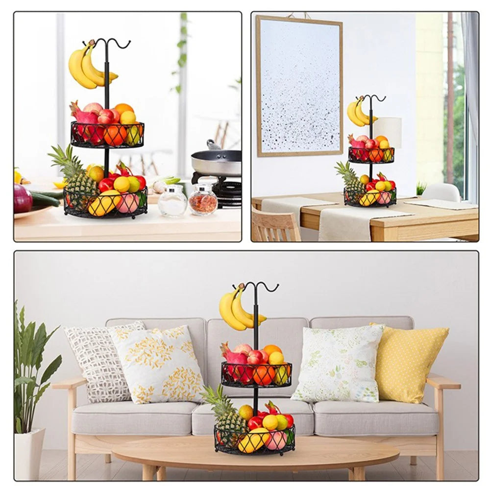 001-ZJG-LC02 Fruit Storage Rack Iron Basket Double-layer Snack Fruit Plate with Banana Hanging Rod (BPA-free, No FDA Certification) - 4