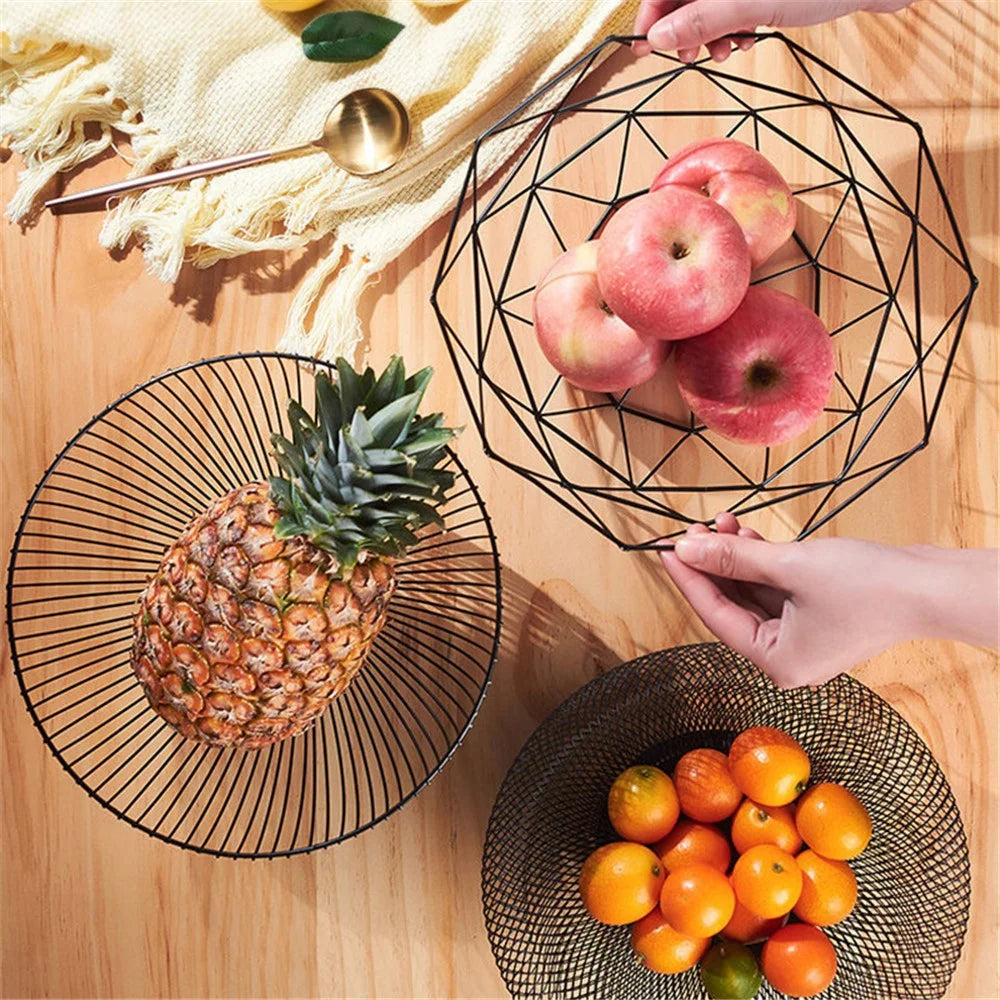 002D053 Metal Fruit Basket Iron Wire Round Fruit Bowl for Kitchen Countertop - Black - 3