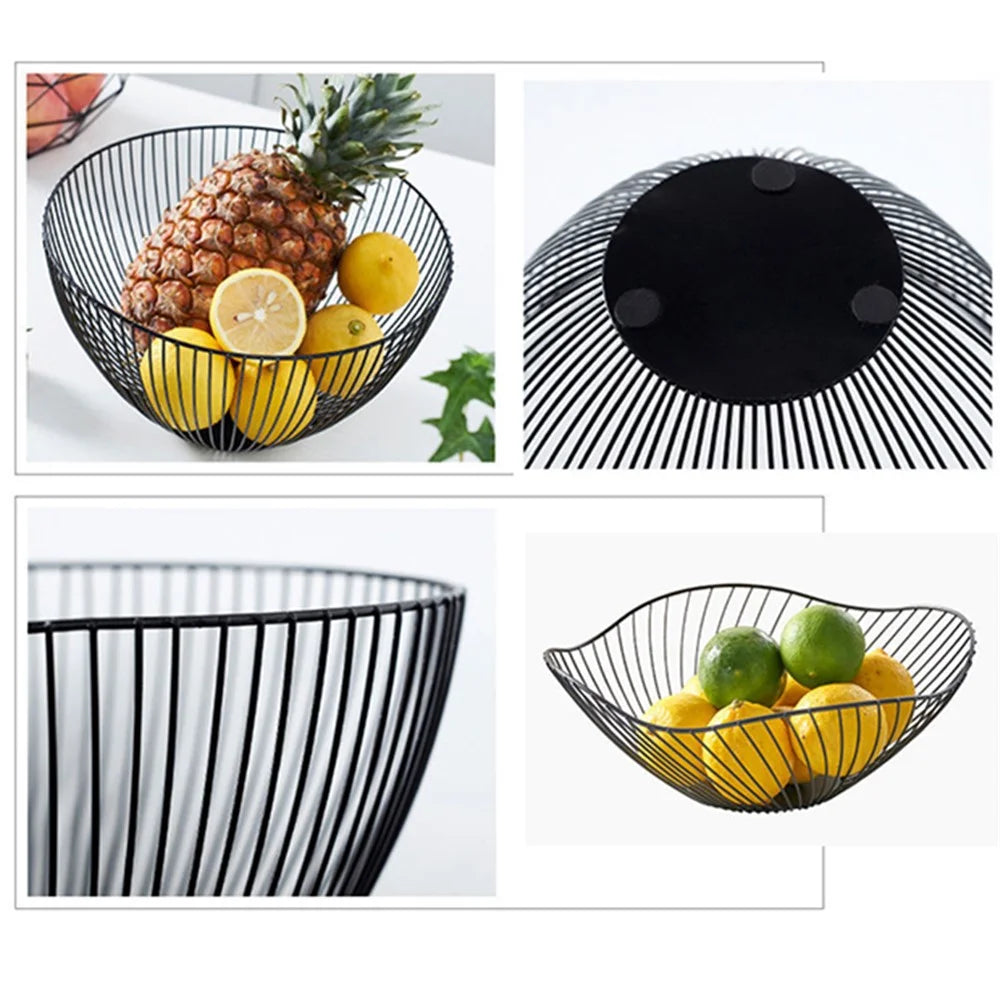 002D053 Metal Fruit Basket Iron Wire Round Fruit Bowl for Kitchen Countertop - Black - 5