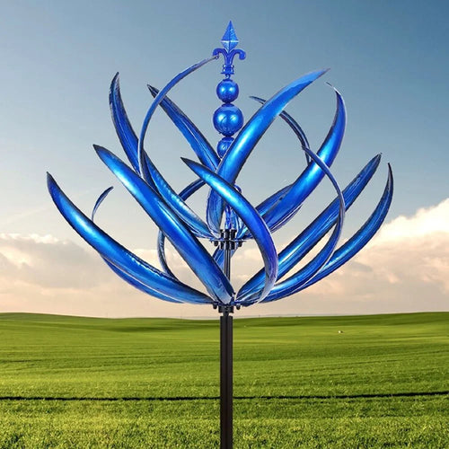 Metal Garden Wind Spinner Outdoor Yard Art Kinetic Sculpture Halow Twirler Iron Windmill with Ground Stake - Blue - 1