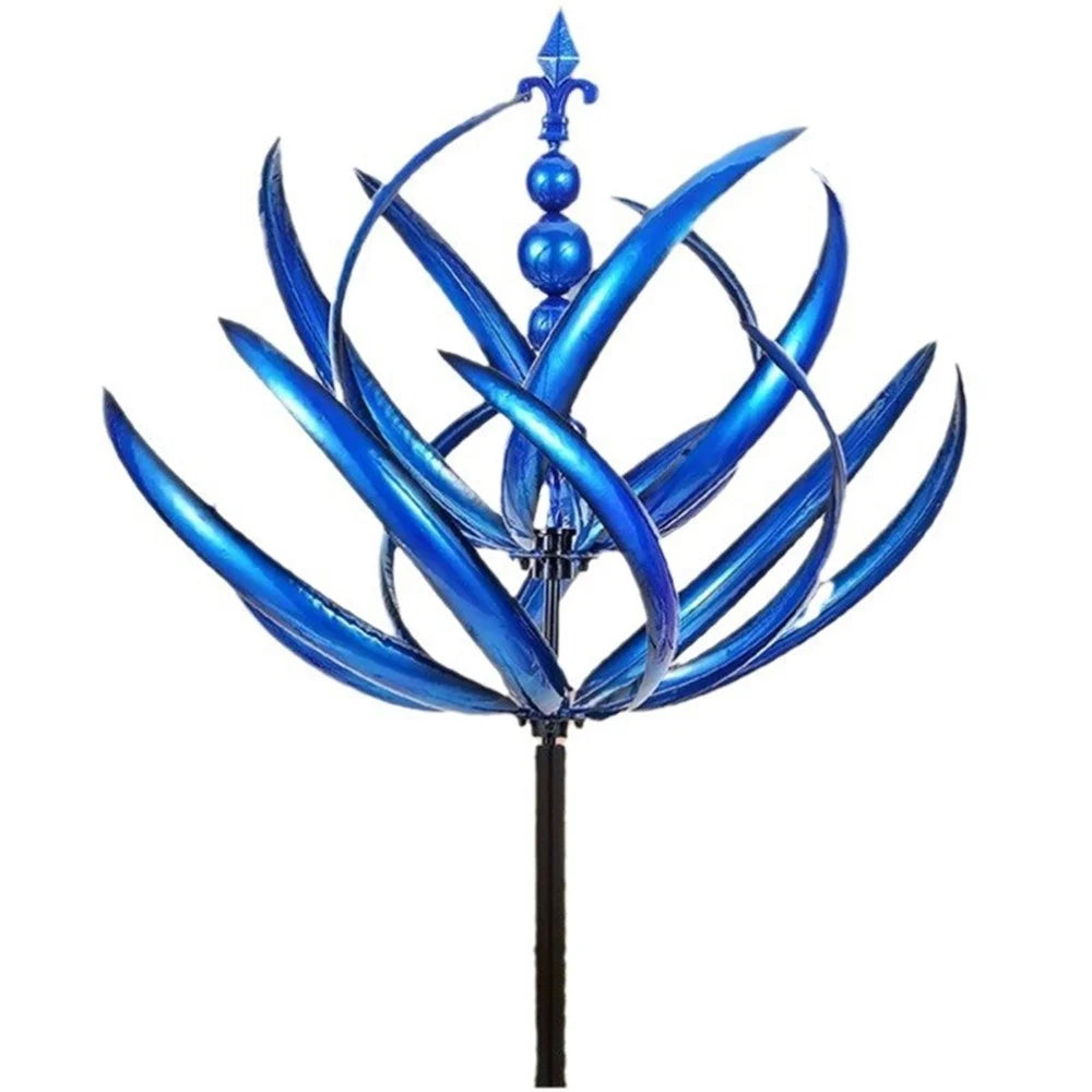 Metal Garden Wind Spinner Outdoor Yard Art Kinetic Sculpture Halow Twirler Iron Windmill with Ground Stake - Blue - 2