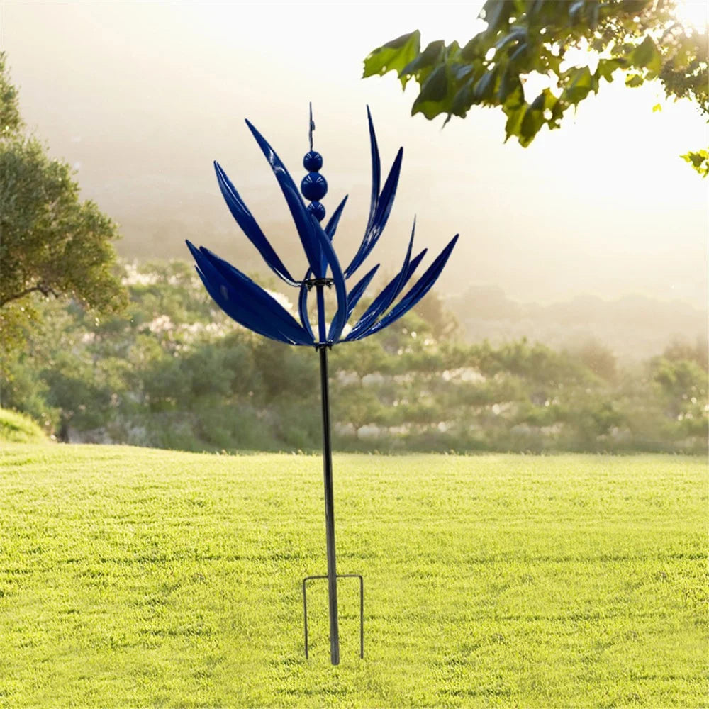 Metal Garden Wind Spinner Outdoor Yard Art Kinetic Sculpture Halow Twirler Iron Windmill with Ground Stake - Blue - 3