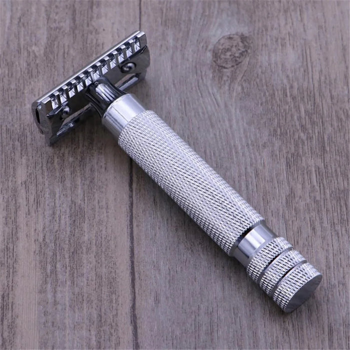 Flat Bottom Safety Razor Double Edge Barber Shaver with Textured Handle for Close Shaving - 3